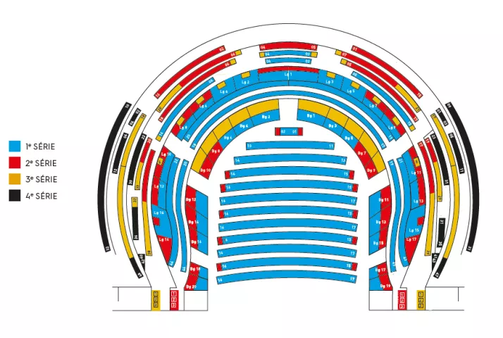 Plan de salle de l'Opéra. 1ère série : bleu. 2ème série : rouge. Troisième série : jaune. Quatrième série : noire.